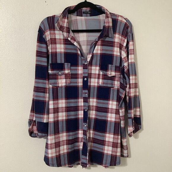 Paper Moon Red Blue Plaid Button Down Shirt Cozycore Casual Cabincore Size 2X - Picture 1 of 9